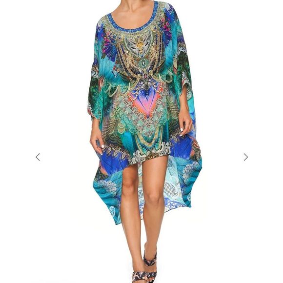 Camilla Dress O/S One Size Scoop Hem Freedom Flight Kaftan 100% Silk Crystal Emb - Picture 1 of 6